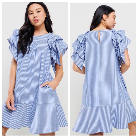 08 Stripe Pattern Ruffled Sleeve Dress - Picture 2 of 4